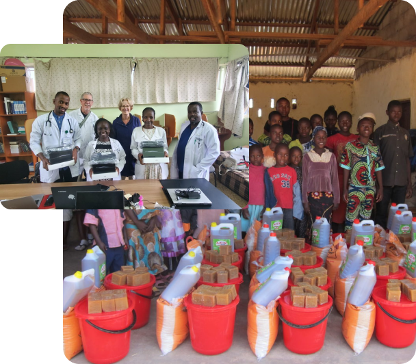 A collage of group photos of Ventura volunteers helping community members