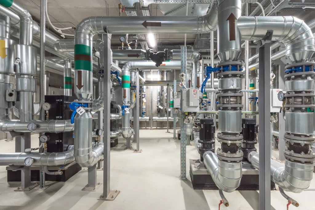 A complex arrangement of stainless steel pipes connects various valves and equipment in a modern industrial facility designed for efficient management and control.