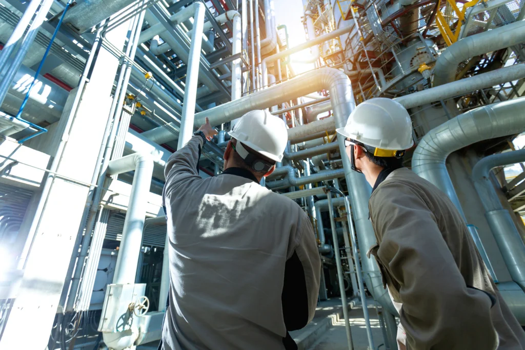 Industrial engineer or worker checking pipeline at oil and gas refinery plant