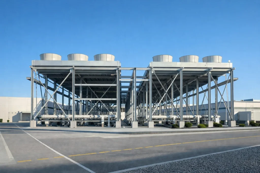 Dry cooler array on site at a facility